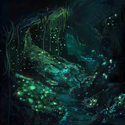 Glowing Cave With A River And Bioluminescent Plants Premium Ai