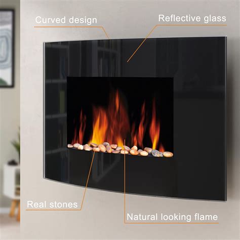 Wall Mounted Electric Fire Fireplace Black Glass Curved LED Flicker