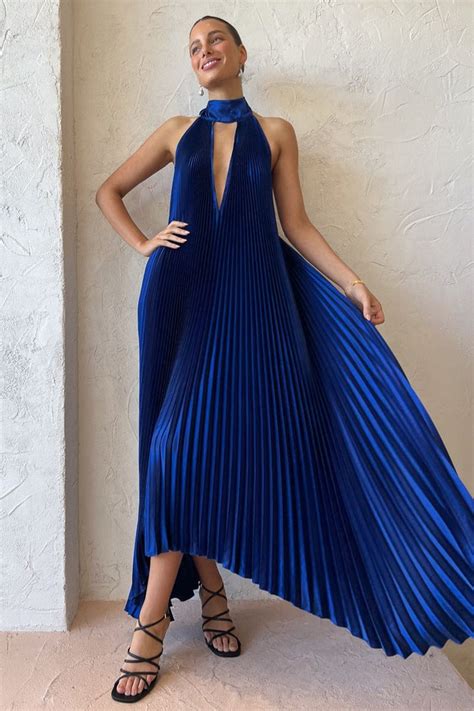 Halter Tied Up Cutout Neck Pleated Backless Asymmetric Hem Wedding Guest Maxi Dresses Maxi