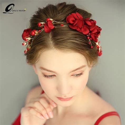 Queenco Red Floral Headbands Bridal Wedding Hair Accessories Pearl