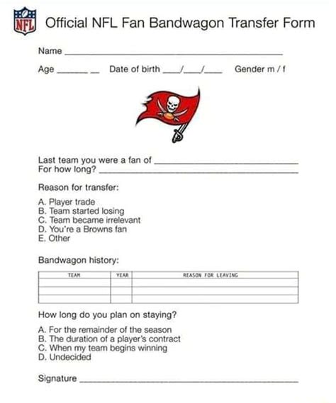 Official Nfl Fan Bandwagon Transfer Form Name Ag Date Of Birth Gender