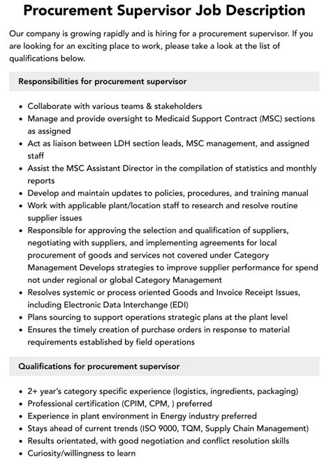 Procurement Supervisor Job Description Velvet Jobs