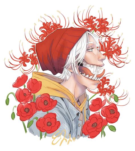 Flower 1boy Male Focus Solo White Hair Teeth Red Flower Illustration Images