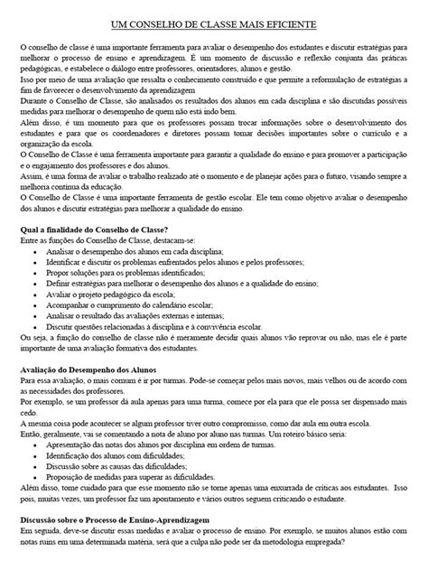 Como Funciona O Conselho De Classe No Final Do Ano - Eficiência no Conselho de Classe | PDF | Pedagogia | Aprendizado