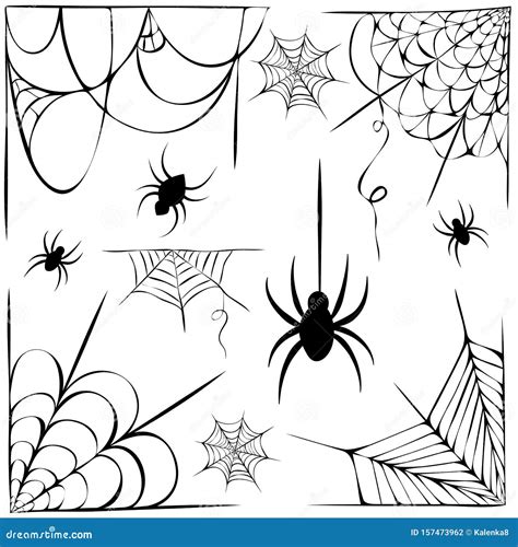 Big Vector Set Of Cobwebs And Hanging Spiders Silhouette Isolated On