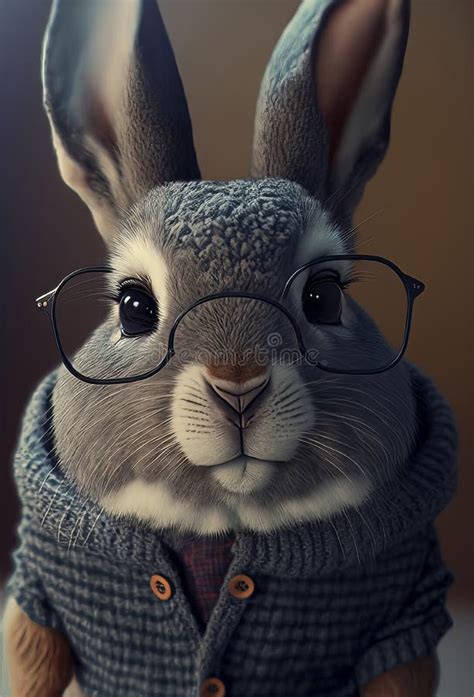 Hipster Bunny Rabbit Wearing Clothes And Glasses Rabbit Portrait Stock