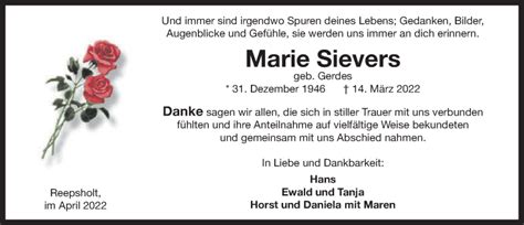 Traueranzeigen Von Marie Sievers Nordwest Trauer De