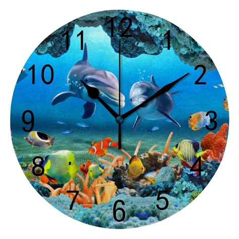 Hidove Round Wall Clock Home Decorative Underwater World Dolphins Wall