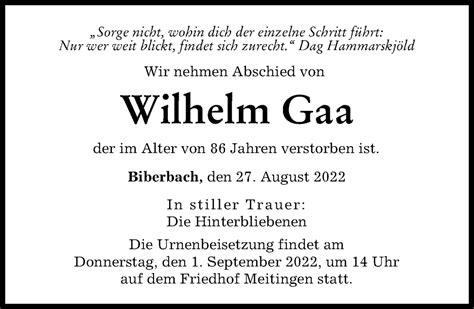 Traueranzeigen Von Wilhelm Gaa Augsburger Allgemeine Zeitung