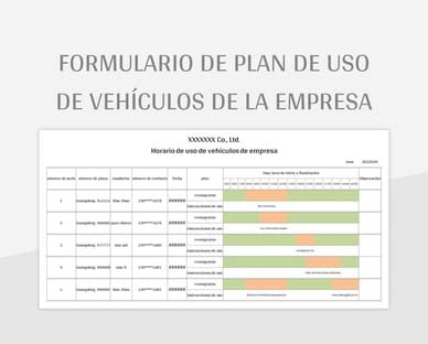 Plantilla de Formato Excel Formulario De Plan De Uso De Vehículos De La