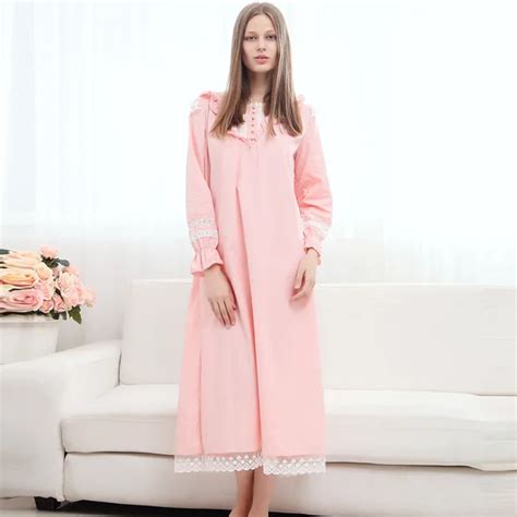 Long Sleeve Mid Calf Long Nightgown Women Cotton Nightgown Long Pink