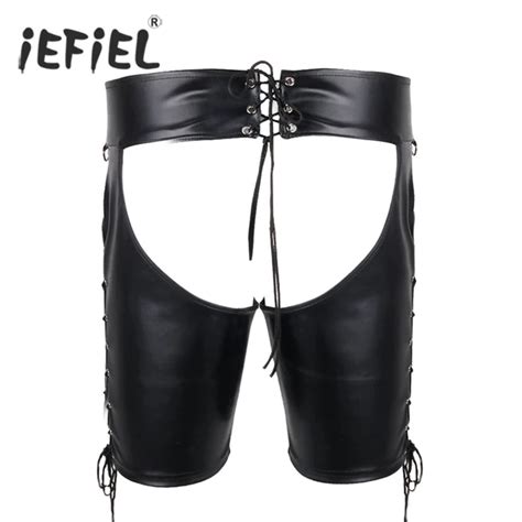 Iefiel Brand Sexy Men Lingerie Faux Leather Lace Up Open Butt Shorts