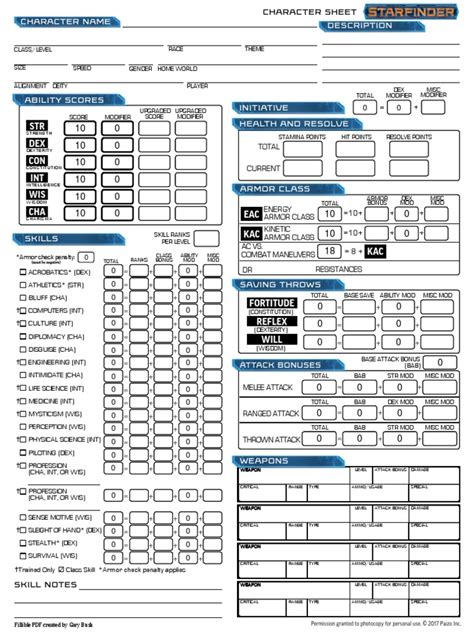 Starfinder Form Fillable Character Sheet Printable Forms Free Online