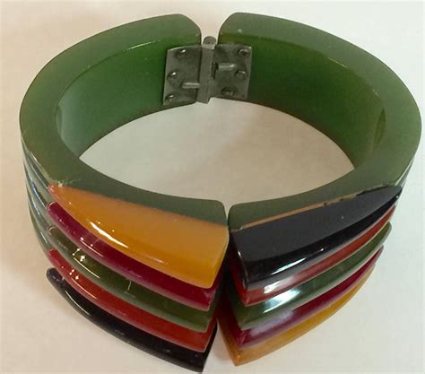 Iconic 1930s Bakelite Multicolor Geometric PHILADELPHIA Hinged Bracelet