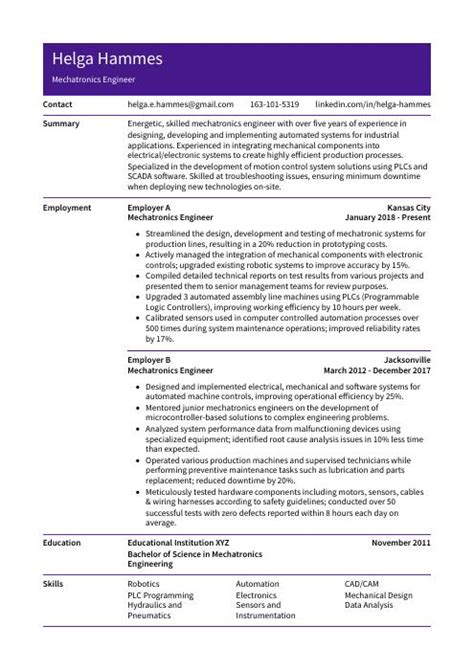 Mechatronics Engineer Resume Cv Example And Writing Guide