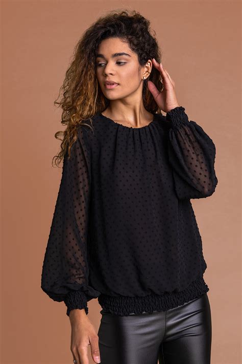 Textured Spot Shirred Hem Top In Black Roman Originals Uk