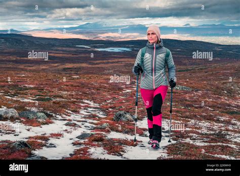 Woman Hiking On Kungsleden Long Distance Hiking Trail In Pieljekaise