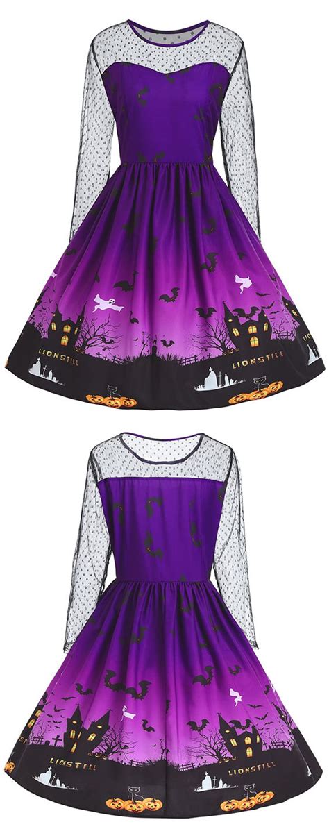 Plus Size Lace Panel Halloween Pumpkin Castle Print Dress Halloween Outfits 1950s Fashion