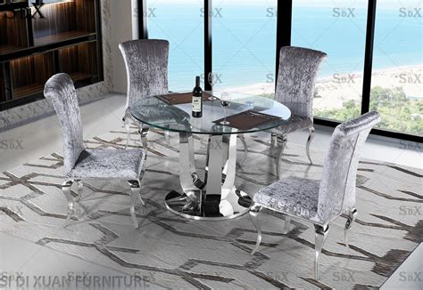 Modern Round Glass Top Table Set Stainless Steel Base Dining Room Furniture Table China Dining