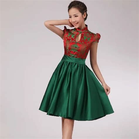 2016 Moda Verde Curto Cheongsam Vestido Qipao Robe Chinoise Chinês