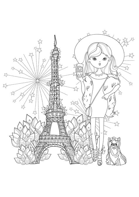 Cute woman & Eiffel Tower - Paris Adult Coloring Pages