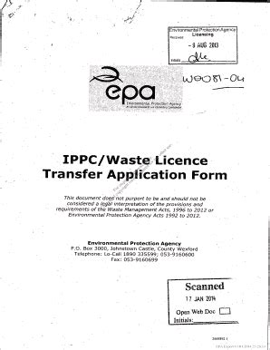 Fillable Online Epa IPPC Waste Licence Transfer Application Form EPA