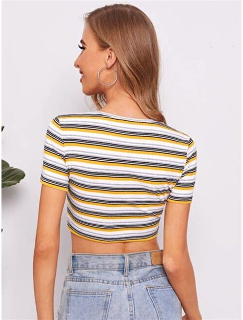 Buy Shein Notch Neck Rib Knit Striped Crop Top Online Topofstyle