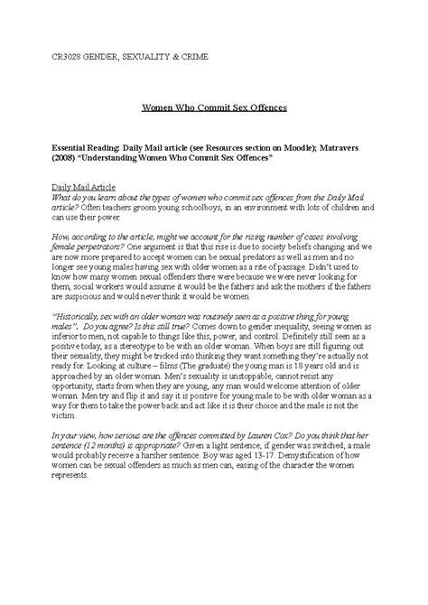 Women Sex Offenders Seminar 8 CR3028 GENDER SEXUALITY CRIME Women Who Commit Sex Offences