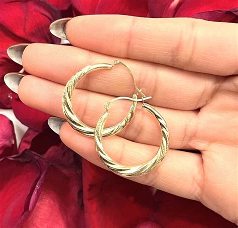 10k Yellow Gold Swirl Hoop Earrings 10k Real Gold Hoop Earrings 10k Gold Textured 1 00 Round