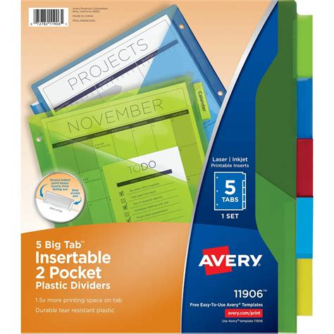 Avery Tab Plastic Binder Dividers Multicolor Big Tabs Insertable