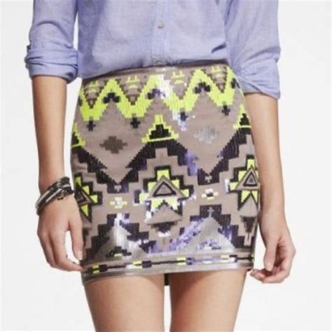 Express Neon Sequin Aztec Print Mini Skirt Size S Sequin Mini