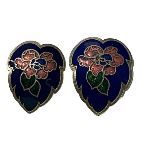 Unbranded Jewelry Vintage Clip On Earrings Blue Cloisonn Floral