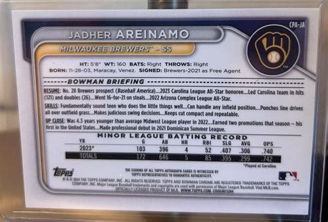 2024 Bowman Chrome Jadher Areinamo Refractor Auto CPA JA Brewers EBay