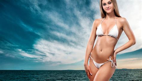 Beautiful Woman In Bikini Over Sea Background Stock Image Image Of