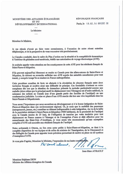 AVE Lettre du Ministre des Affaires étrangères à son homologue