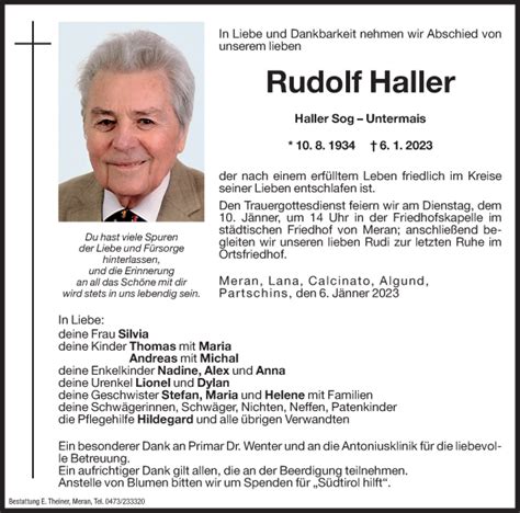 Traueranzeigen Von Rudolf Haller Trauer Bz