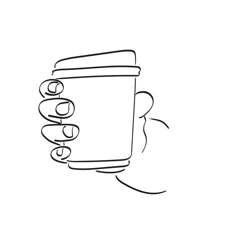 Line Art Closeup Hand Holding Takeaway Hot Coffee Cup Illustration