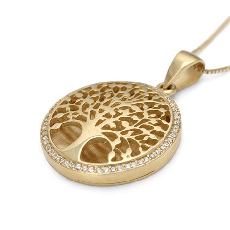 14k Gold Large Tree Of Life Pendant Necklace With Sparkling Diamonds