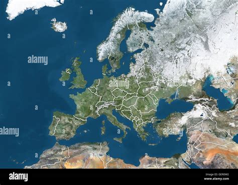 Satellite view of Europe in winter, with partial snow cover (with ...