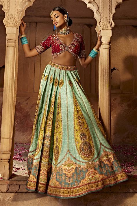 Buy Blue Blouse And Lehenga Raw Silk Print Paisley V Kimaya Bridal Set For Women By Kalista