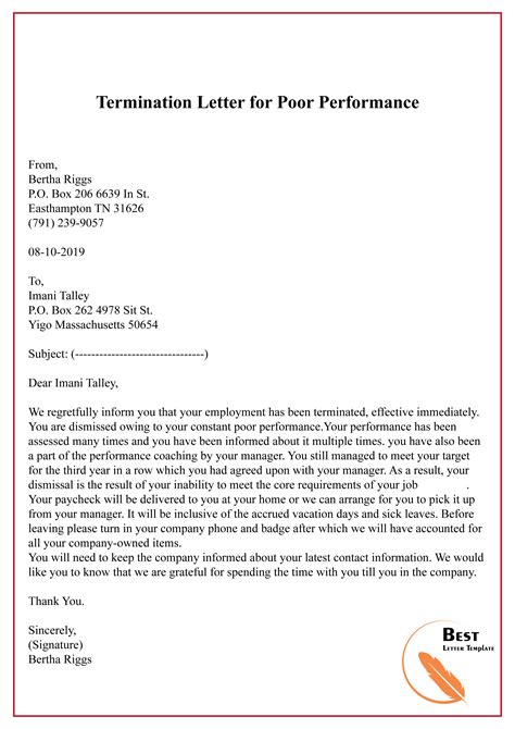 Termination Letter For Poor Performance Best Letter Template