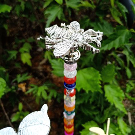 Golden And Silver Bee Beaded Fairy Garden Stake Handmade Garden Art