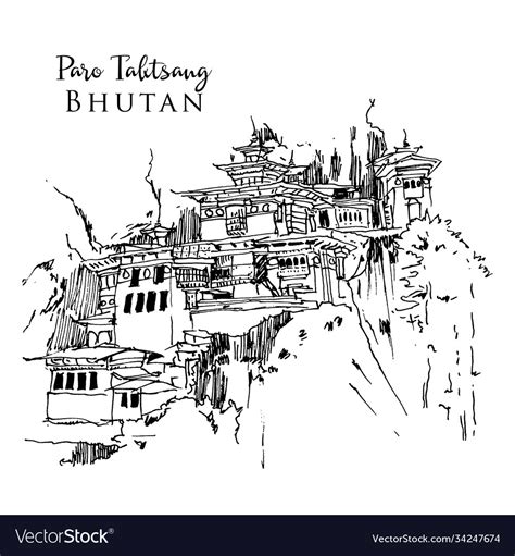 Drawing Sketch Tigers Nest Temple In Bhutan Vector Image