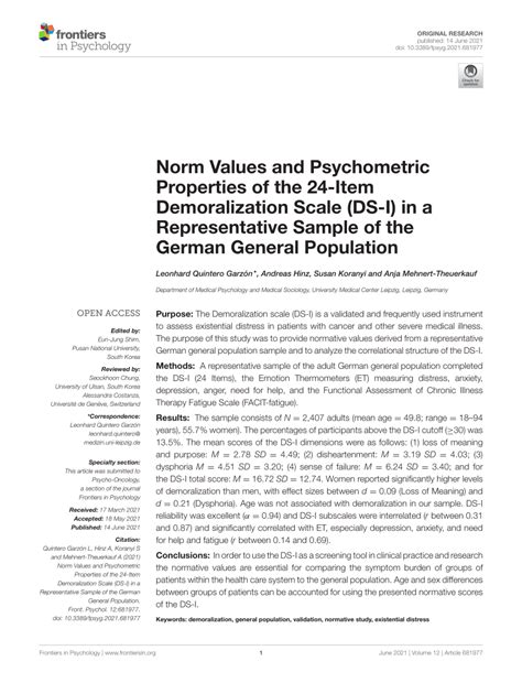 Pdf Norm Values And Psychometric Properties Of The Item