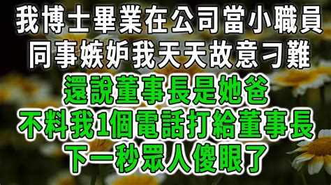 我博士畢業在大公司當小職員，同事嫉妒我才華天天故意刁難，還說董事長是她爸，不料我一個電話打給公司老闆，下一秒眾人傻眼了情感故事 唯美頻道