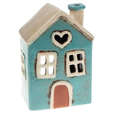 Village Pottery Ceramic Teal House Candle Tea Light Holder Gifts