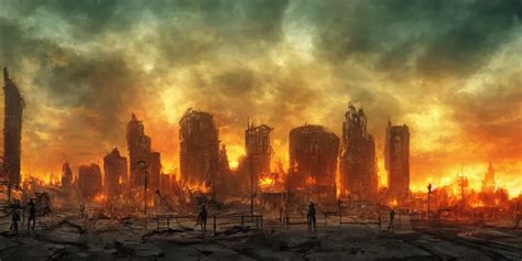 Post Apocalyptic City With Burning Sky On Fire Stable Diffusion