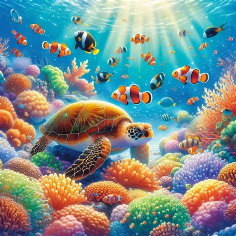 An Underwater Scene Teeming With Colorful Coral Busy Clownfish And A