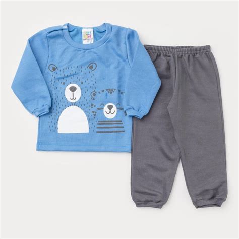 Conjunto de Frio Bebê Menino Casaco Azul Botão Veste Fácil e Calça