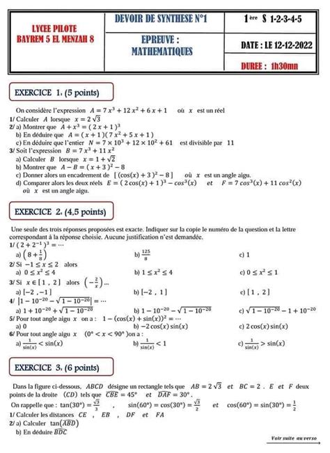 Re Ann E Secondaire Math Devoir Synth Se Math Avec Correction Ere